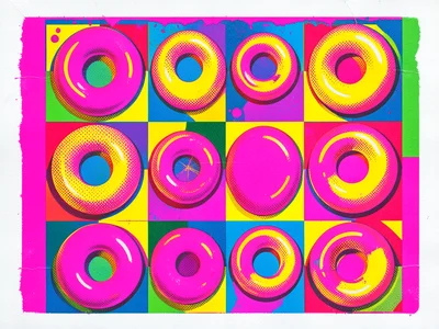Summer pool floats arranged in Memphis style grid, neon pink and yellow