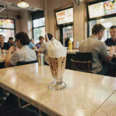 Grainy digital illustration, diner counter with milkshake , film grain texture o