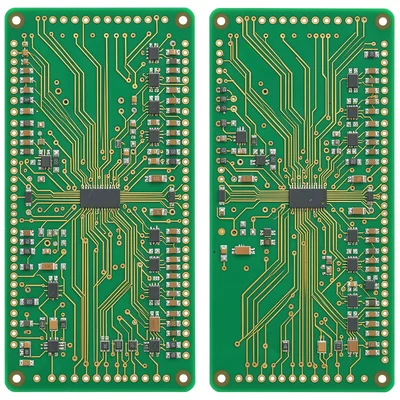 A double-sided PCB with SMD components densely packed, traces visible between co