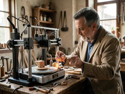 3D printer creating object in Renaissance workshop style, inventor examining cre