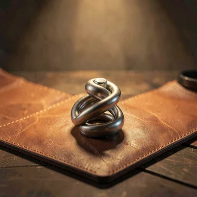 Single magnetic-feel twisty puzzle on a leather mat, warm spotlight
