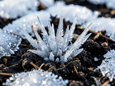 Needle ice crystals emerging from frozen soil surface