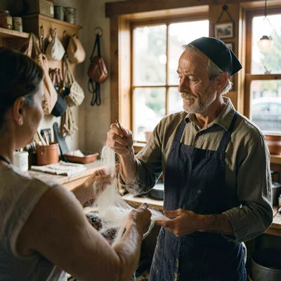 Atmospheric portrait of a shopkeeper demonstrating a silk vanish to a customer