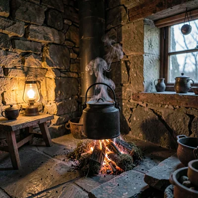 inside a Welsh quarry cottage at lamplight evening, slate hearth warmed amber, a