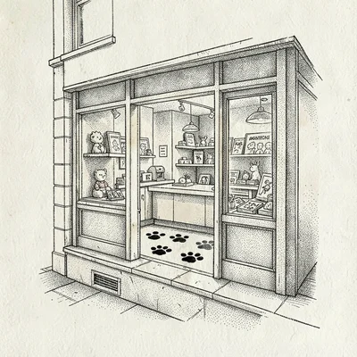 Loose pen-ink scene of a toy-shop storefront with paw-print floor decals visible