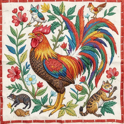 Otomi Tenango embroidery illustration, a rooster crowing with elaborate tail fea