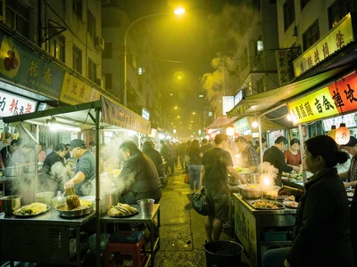 Night market food stalls in typhoon light