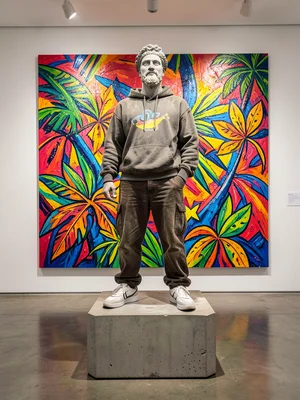 Roman statue in streetwear and sneakers, concrete pedestal, gallery lighting