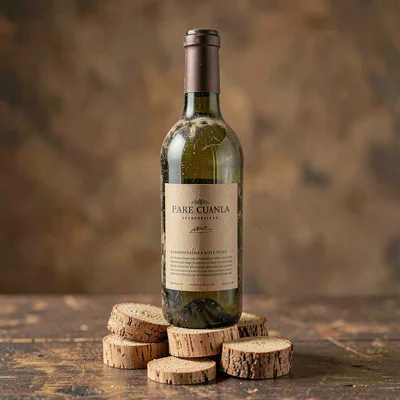 Warm-toned product photo of an unbranded green wine bottle with a dusty patina, 