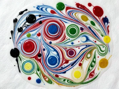 Ebru with scattered wild drops of five colors: black, red, blue, green, yellow, 