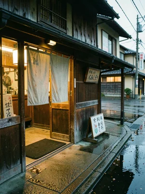 Kissaten Exterior with Noren at Dusk