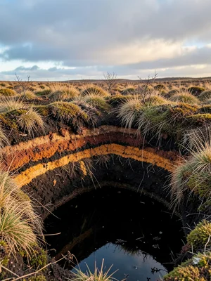 Peat cut section face — exposed layers of compressed plant material in brown, bl