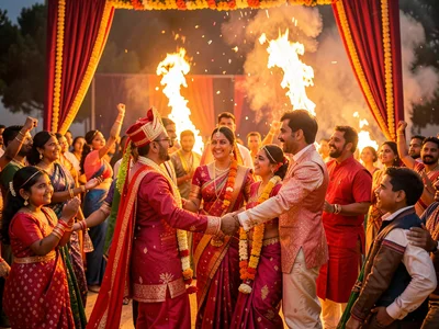 Indian wedding ceremony at peak moment, color and motion and fabric and fire and