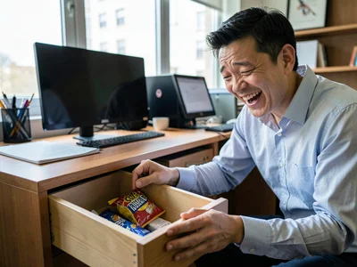 Office worker finding forgotten snack in desk drawer, small private victory