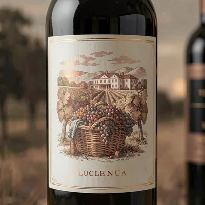 Wine label illustration, Grape harvest basket overflowing , elegant estate scene