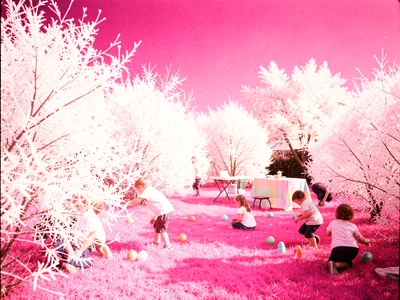 A backyard Easter egg hunt — children scattered across bright pink grass searchi