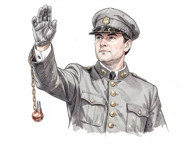 A railway-conductor in brass-buttoned uniform raises gloved hand mid-signal, pol