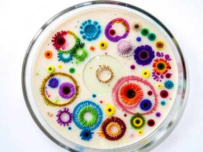 Mixed culture plate with competing species, clear zones of inhibition where anti