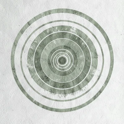 Concentric vector rings expanding from a node-shaped core, muted moss and chalk,