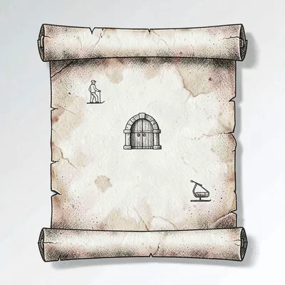 Legend card drawn as a parchment scroll with tiny gate, ski and chairlift icons,