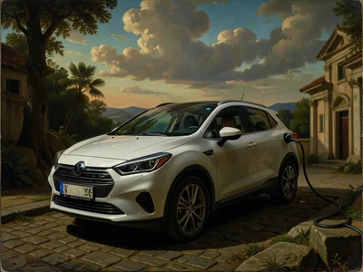 Electric vehicle charging in Renaissance painting style, dramatic sky, oil paint