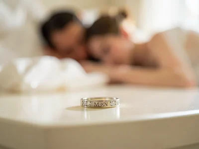 Wedding ring on nightstand in sharp focus, sleeping couple soft shapes in backgr