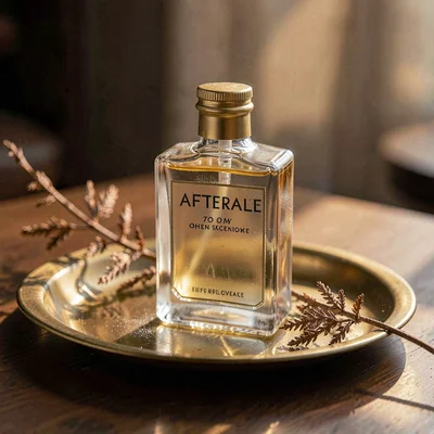 Warm hero of a frosted glass aftershave on a brass tray, single dried cedar bran