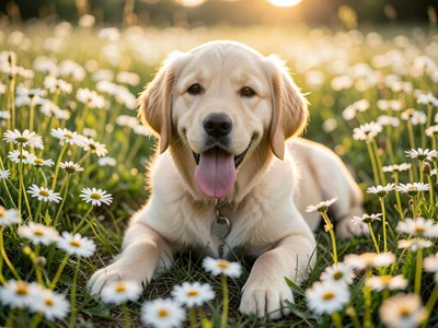 Golden retriever puppy lying in a field of daisies, tongue out, soft afternoon l