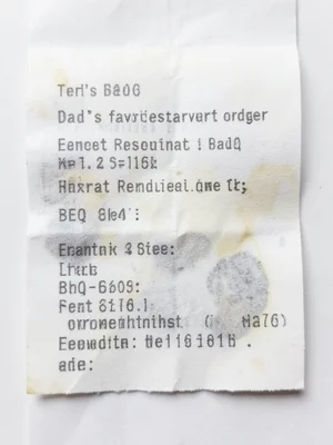 Receipt printout of dad's favorite restaurant order, BBQ items listed