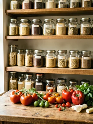 Modern pantry with glass jars of dry goods on wooden shelves, organized and labe