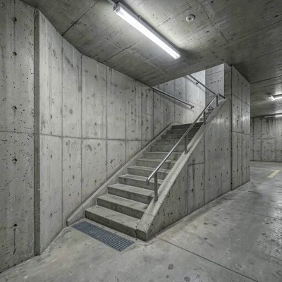 A parking structure interior corner — two raw concrete walls meeting, ramp desce