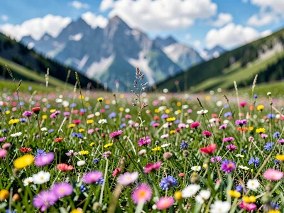 Alpine meadow flowers to distant peaks all sharp