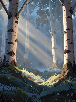 Birch grove split by a low-angle morning beam slicing across mist, warm white ba