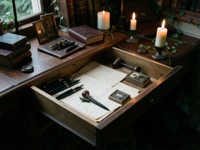 A writing desk drawer slightly open showing fountain pens, wax stamps, a bundle 