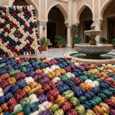 A Moroccan courtyard with a tiled fountain, tiles replaced by carpet sample squa