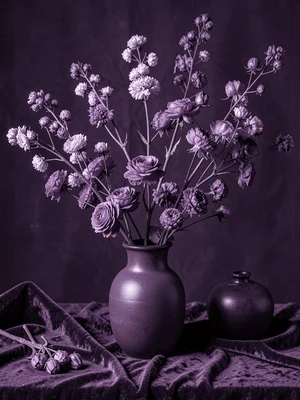 Plum arrangement, dried flowers, velvet, ceramic, purple tonal range shadows to 