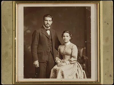 Young couple side by side, man standing, woman seated, formal and still as the p