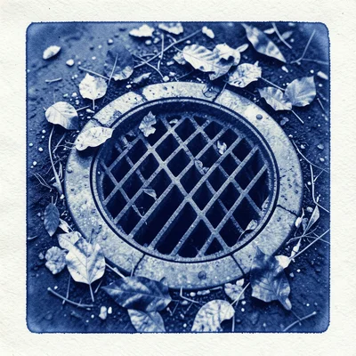 A storm drain grate with fallen leaves collected around it after rain