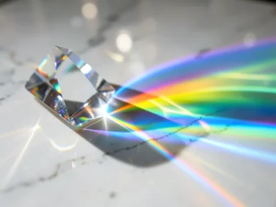 Spectral rainbow band fanning across white marble countertop, light split throug