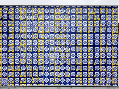 Blue-Yellow Checkerboard with Floral Medallion Grid