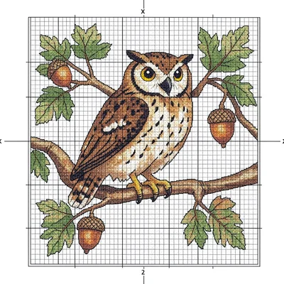 Cross-stitch owl on oak branch