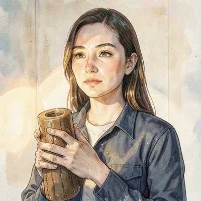 Quiet portrait of a PT assistant holding a foam roller, warm lamp glow on her fa