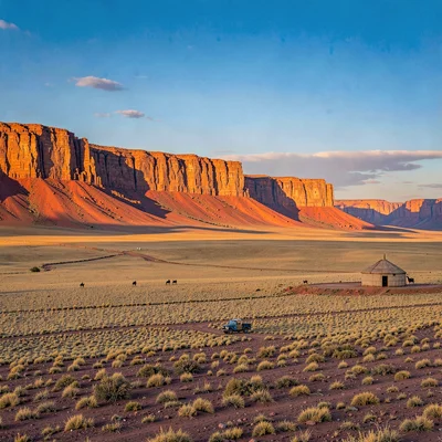 Gobi steppe horizontal, Mongolian vastness, Flaming cliffs at sunset, red rock a