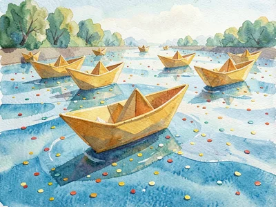 Editorial gouache of a flock of identical paper boats riding a wide river, one b