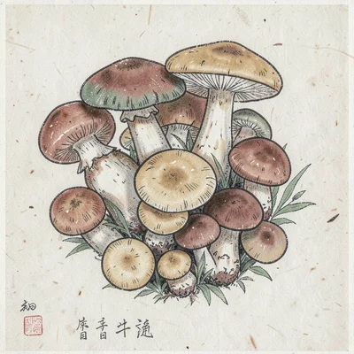Cluster of mushrooms, varied caps viewed from above