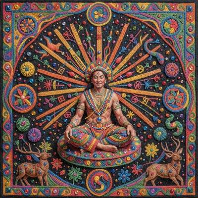 Shaman figure seated — surrounded by radiating sacred symbols, deer and serpent