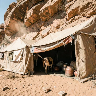 Desert environment photograph, extreme heat conditions, Nomad tents pitched agai