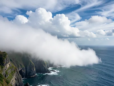Fog bank moving over coastal cliffs — soft white mass rolling over the cliff edg