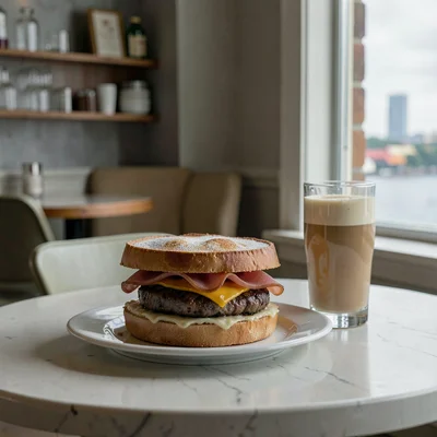 Quietly elegant photograph with Uruguayan sensibility, Chivito sandwich on a whi