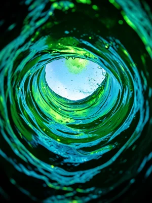 Wave trough looking up at the overhead lip from inside — green and turquoise lig
